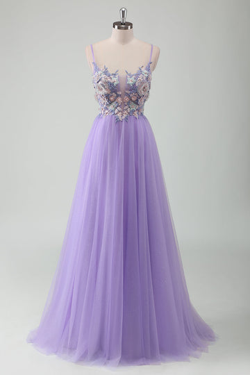 Purple Tulle A-Line Spaghetti Straps Open Back Long Formal Dress with Appliques
